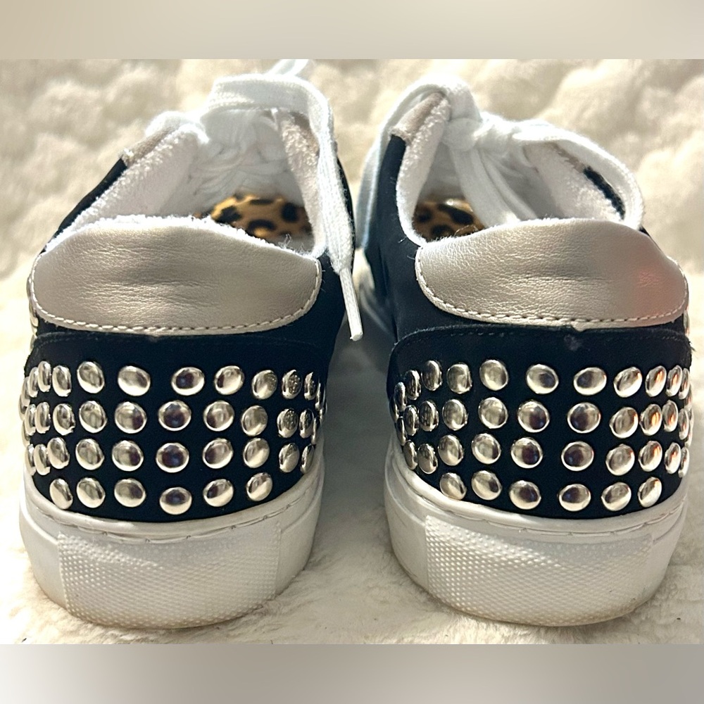 Steve Madden Turner Leather Black and Leopard Studded Sneakers women’s size 7.5 - Picture 10 of 11